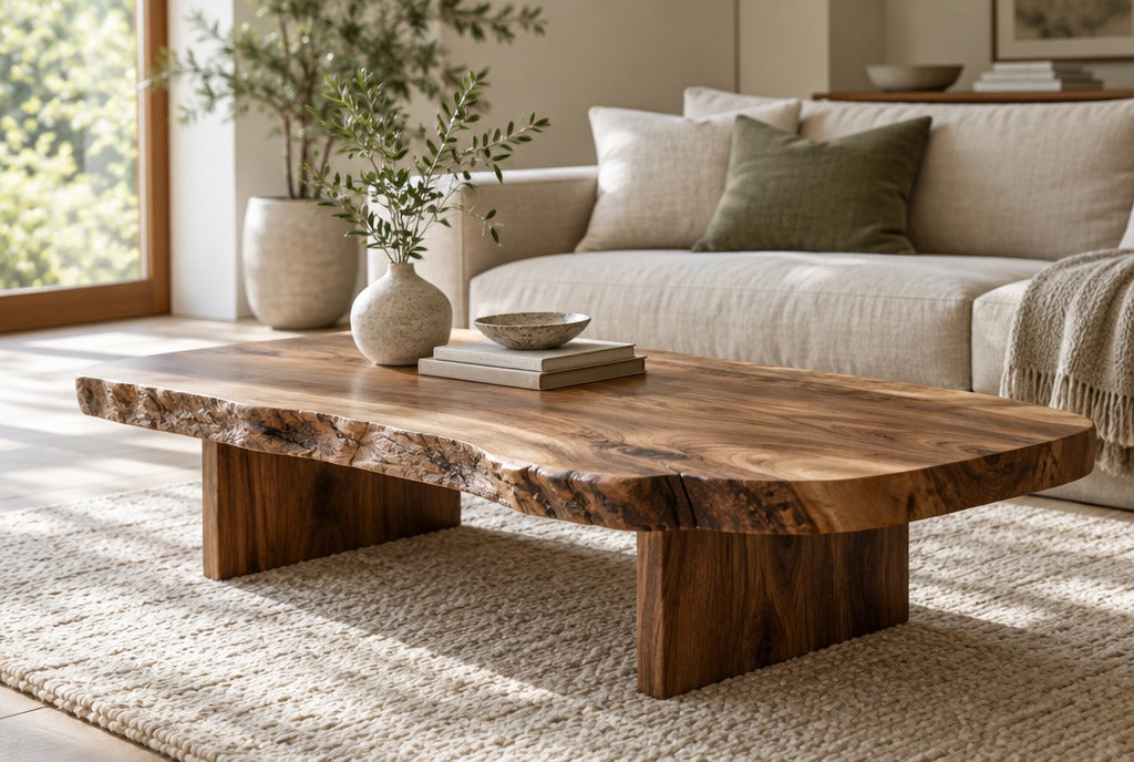 A live edge solid wood coffee table on a wool rug in front of a linen sofa in a sunlit living room