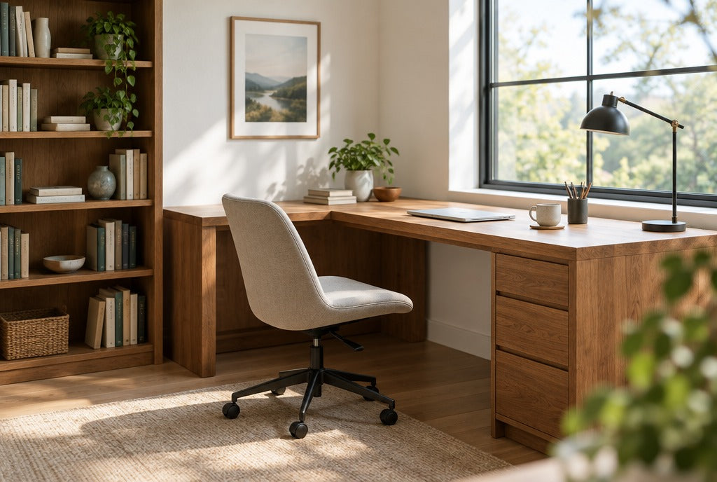 A bright home office with an L-shaped solid wood desk, a bookshelf, a desk lamp and a window