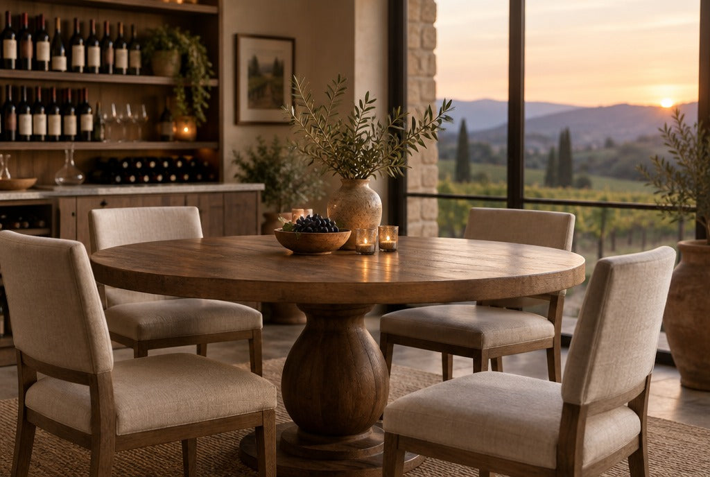 A wine-country dining room with a round solid wood pedestal table, a wine bar shelf and evening light