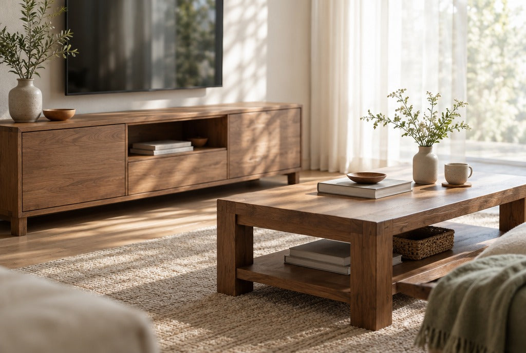 A solid wood TV console and coffee table in a sunlit room with sheer curtains and a soft cloth