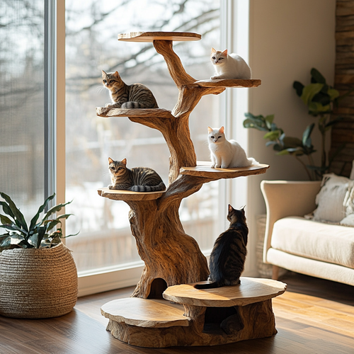 Branched Sculpted Solid Wood Tree-Inspired Cat Tree Shelf
