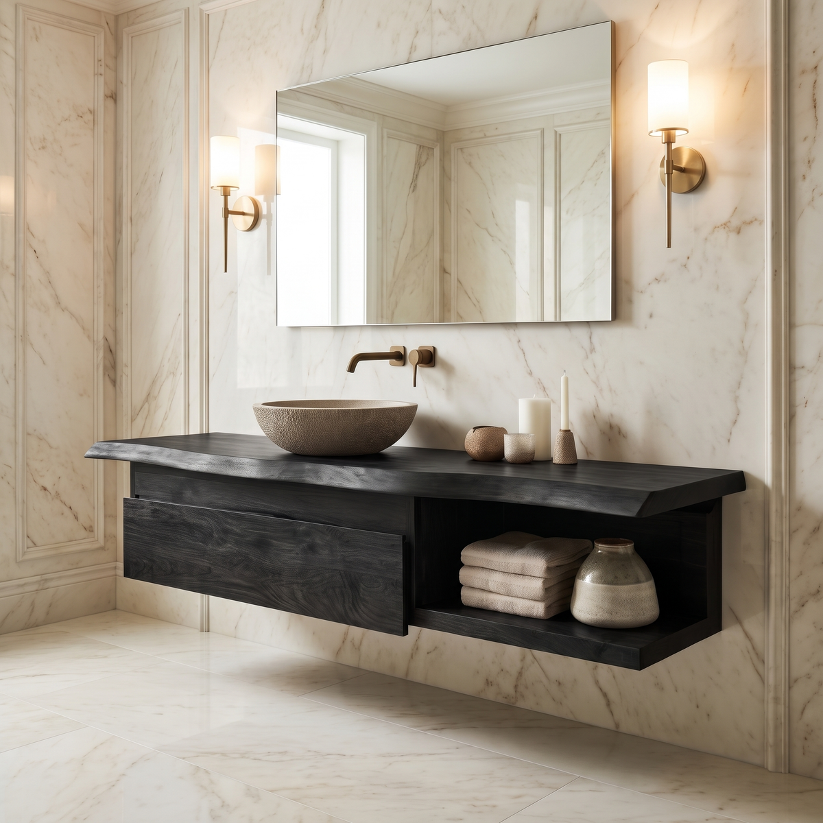 Aurelion Live Edge Solid Wood Floating Bathroom Vanity With Drawers