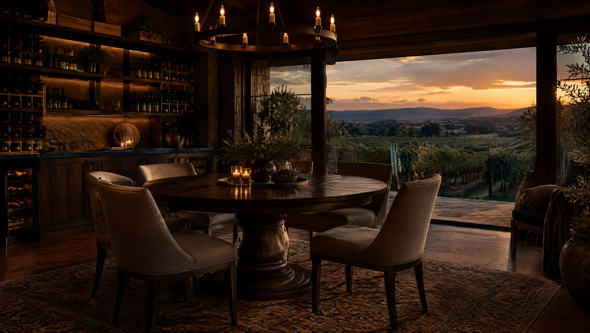 A wine-country dining room with a round solid wood pedestal table and a wine bar shelf