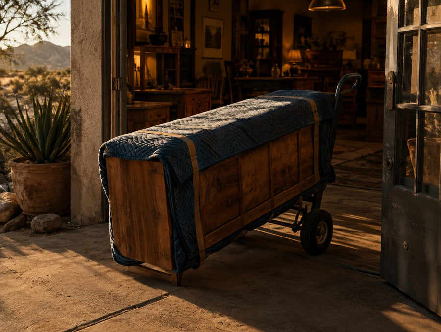 A blanket-wrapped solid wood console at the back door of a small furniture shop