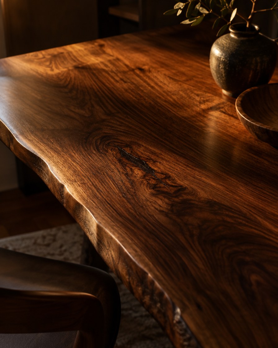 A hand-finished hardwood tabletop with rich grain