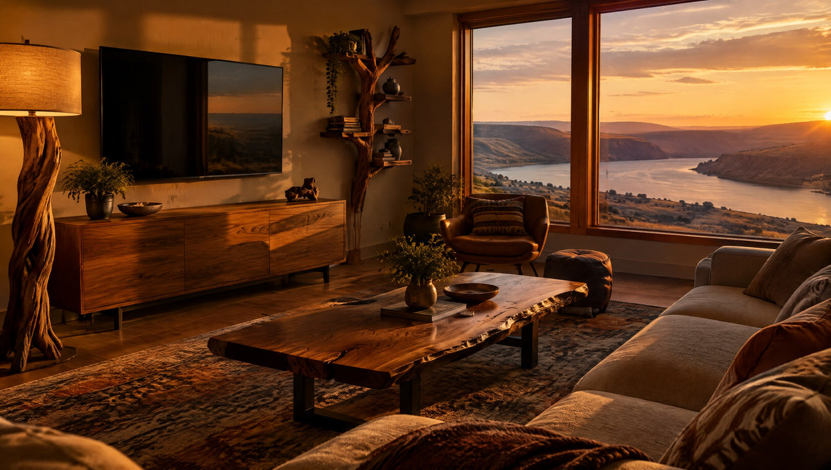 A bright living room with a hardwood TV console, live edge coffee table and evening light over the Columbia River
