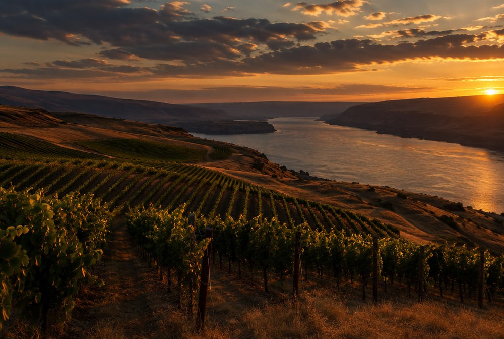 Vineyard rows above the Columbia River in eastern Washington at golden hour